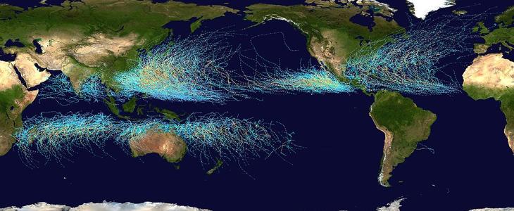 Trajets cumulatifs des cyclones